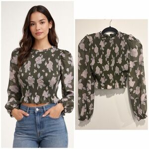 Wilfred Olive Floral Puff Sleeve Smocked Top XS Aritizia